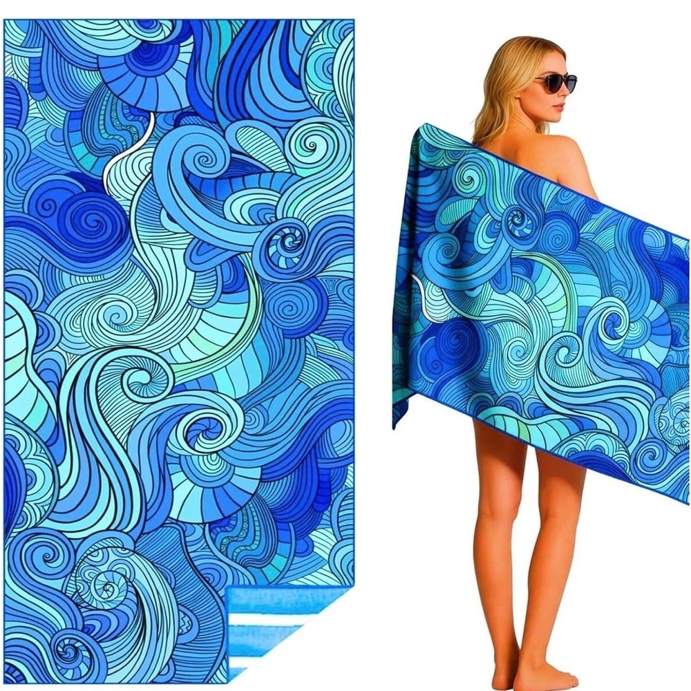 Extra Large Microfiber Beach Towel Blue Swirl Wave Abstract Print 71x32 NWOT